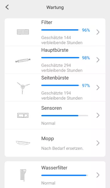 Die App zeigt an wenn eine Wartung erforderlich ist.