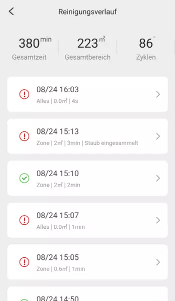 Auch der Reinigungsverlauf kann eingesehen werden.