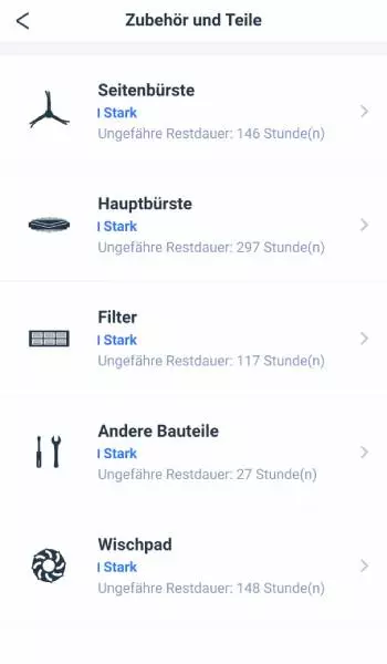 In der App ist genau ersichtlich, wie abgenutzt die einzelnen Zubehörteile bereits sind.
