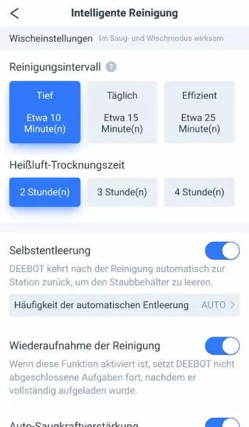 In den Einstellungen kann unter anderem vorgegeben werden, wie oft der Roboter seine Wischmopps reinigen soll.